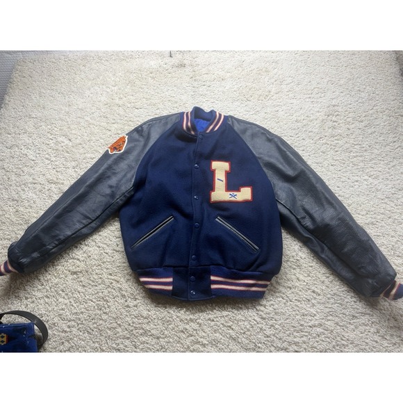 US Navy Other - Vintage Letterman Tigers Liberty Navy Blue Wool Leather Jacket Men's Large
